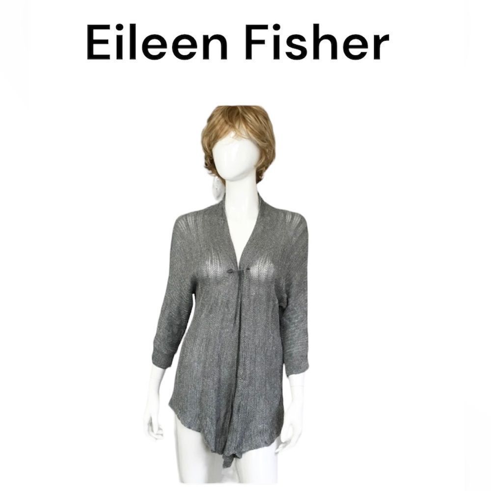 Eileen Fisher Silk Linen Open Front  Open Knit Cardigan Sweater Gray XL
